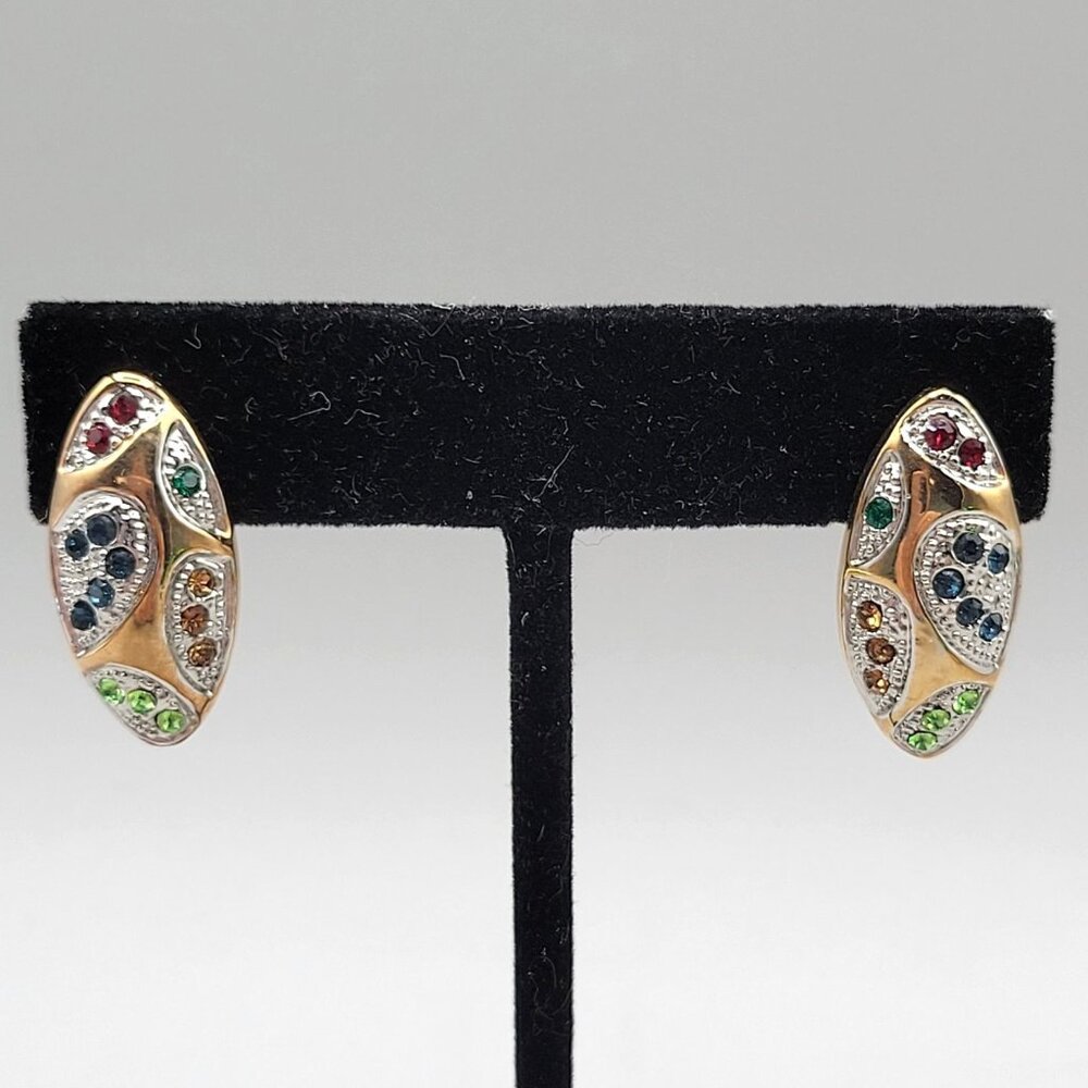 Gold and Silver Tone Rhinestones Oval Post Earrings Textured Backing